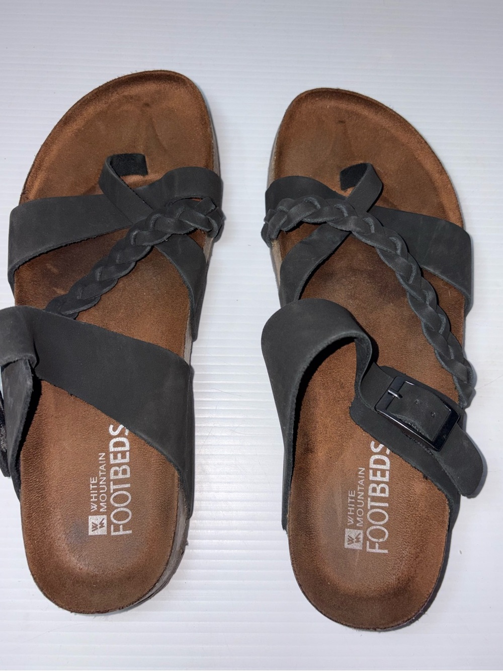 White Mountain Women's Black Leather Braided Buckle Slide Sandals